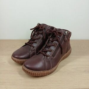 Clarks Ankle Boots Women 8W Burgundy Leather Lace Up Side Zip Ribbed Knit Collar